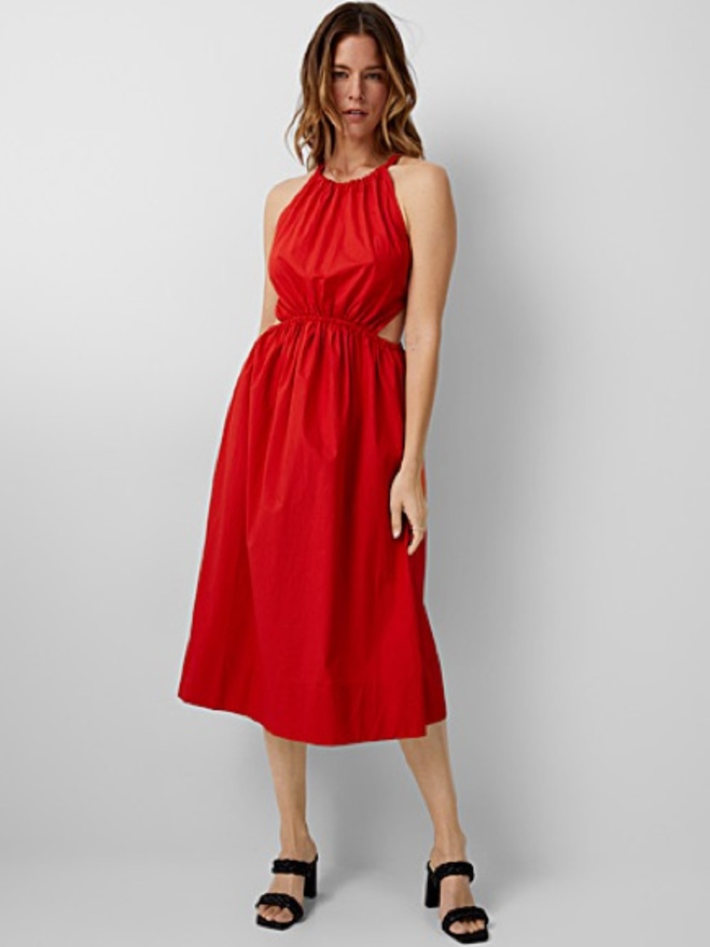 Sisley Cutout-waist scarlet poplin dress
